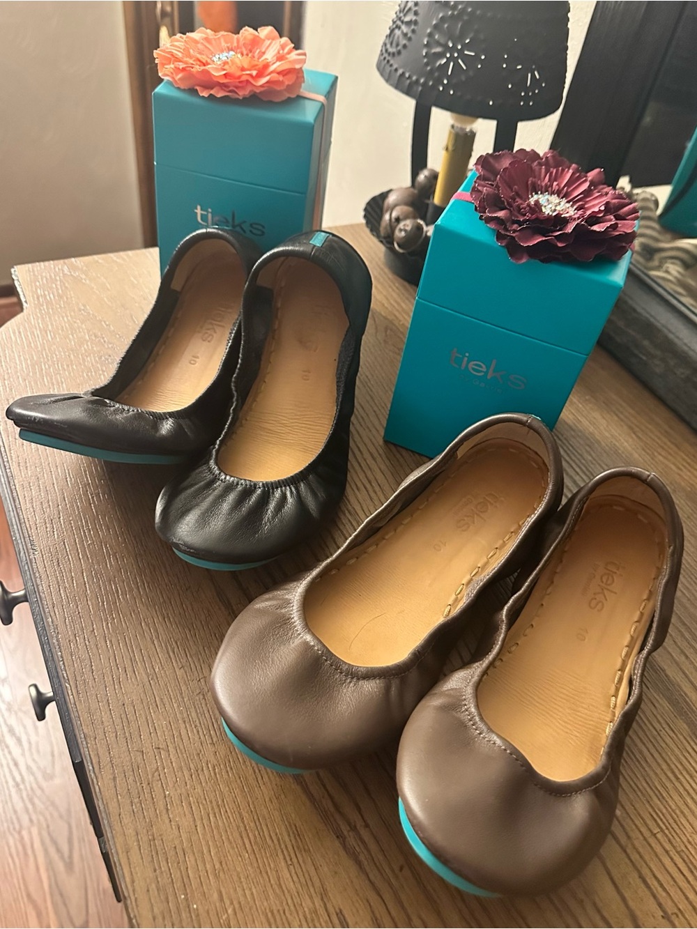 Tieks Leather Ballet Flats in Black and Brown with Turquoise Sole